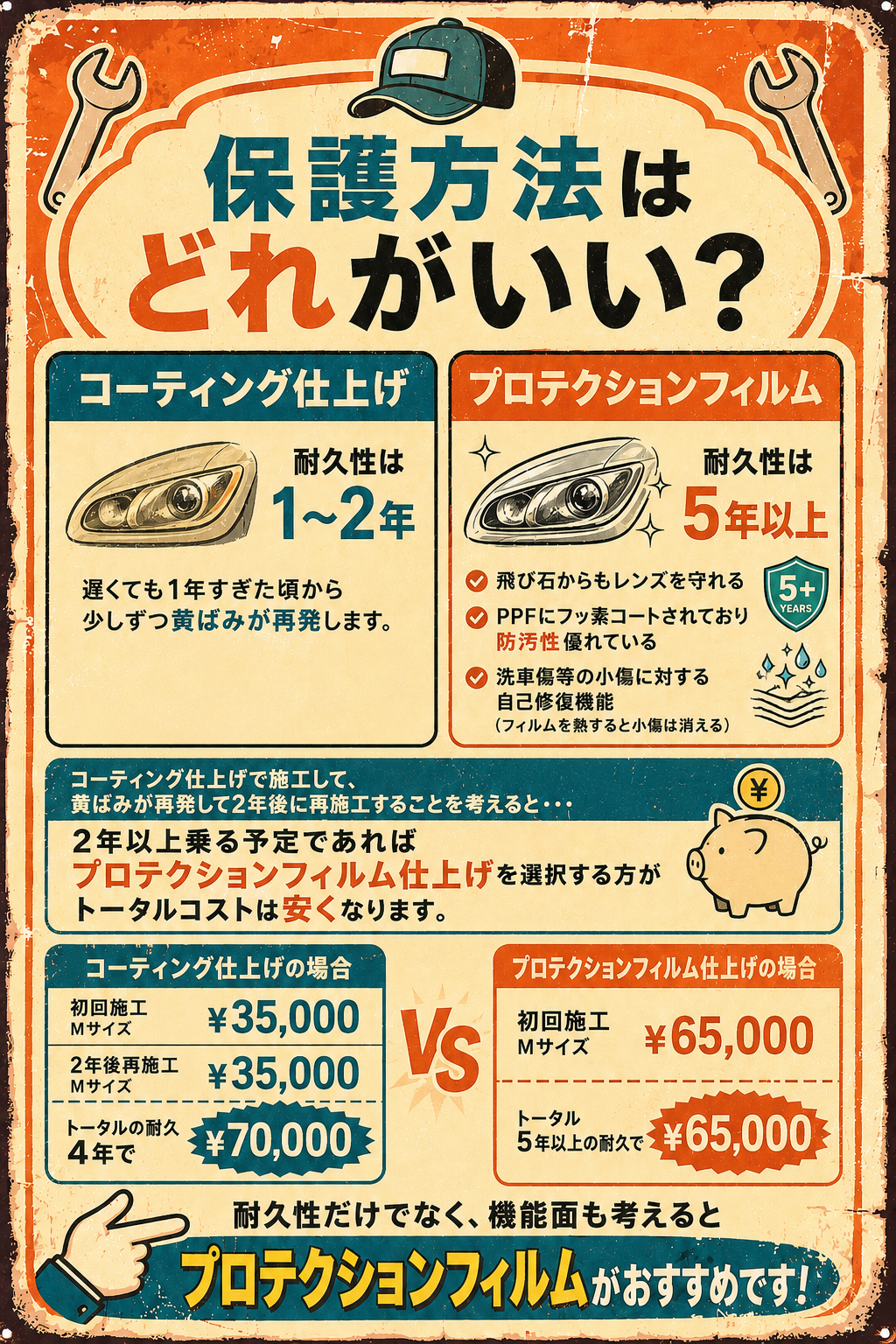 ヘッドライトのコーティングとプロテクションフィルムの比較